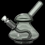 Green glass water pipe with etched mountain landscape design.