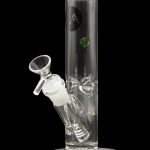 Clear glass bong with percolators, against a black background.