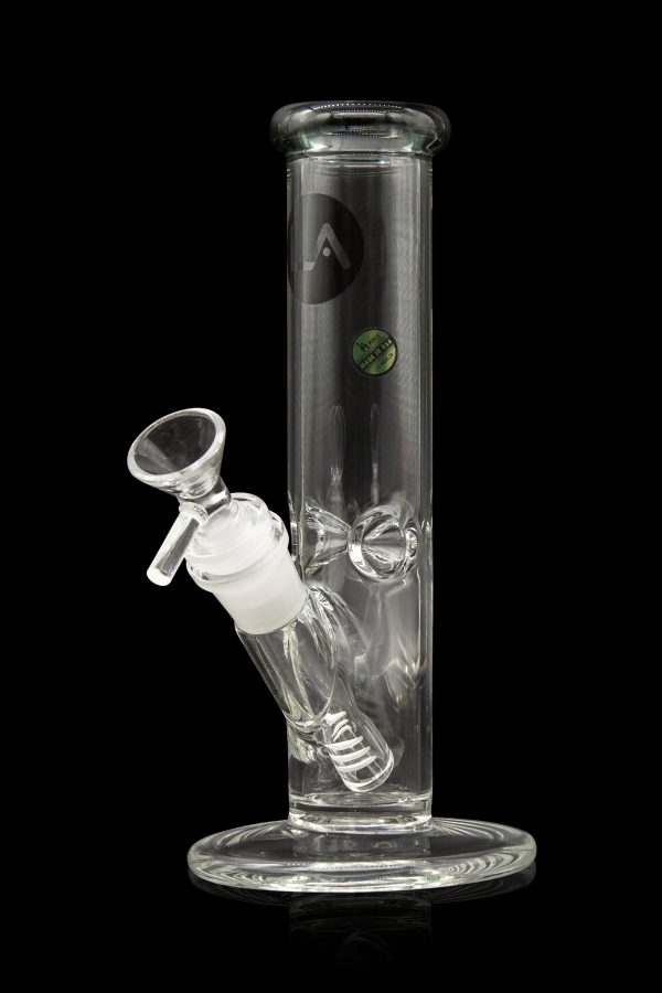 Clear glass bong with percolators, against a black background.