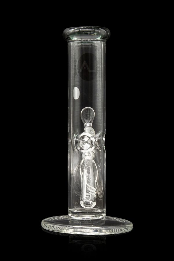 Clear glass bong with intricate sculpted design, isolated on black.