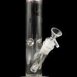 Clear glass bong with pink accents and ice catcher.