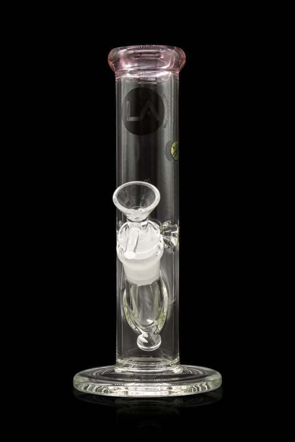 Clear glass bong with pink accents and a glass bowl insert, studio shot on a black background.