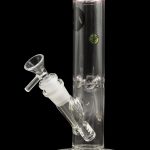 Clear glass water pipe (bong) with a removable glass bowl, isolated on a black background.