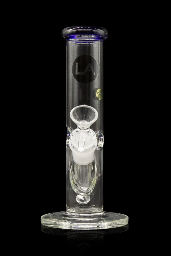 Clear glass bong with intricate white and clear glass percolator, studio logo, and blue accent rim.