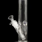 Clear glass water pipe (bong) with blue accents, isolated on a black background.