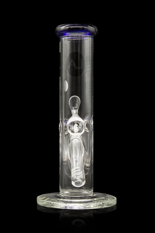 Clear glass bong with blue accents and intricate percolator.