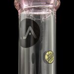 Pink glass water pipe with a black logo and “Made in Los Angeles” text.