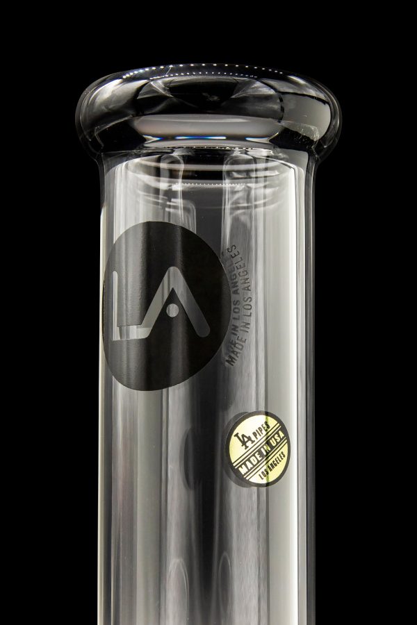 Silver glass pipe with a black "LA" logo and "Made in USA" stamp.