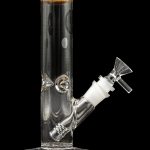 Clear glass water pipe (bong) with a detachable bowl piece, isolated on a black background.