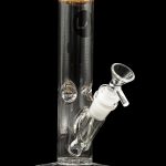 Clear glass water pipe (bong) with a diffused downstem and amber mouthpiece, isolated on a black background.