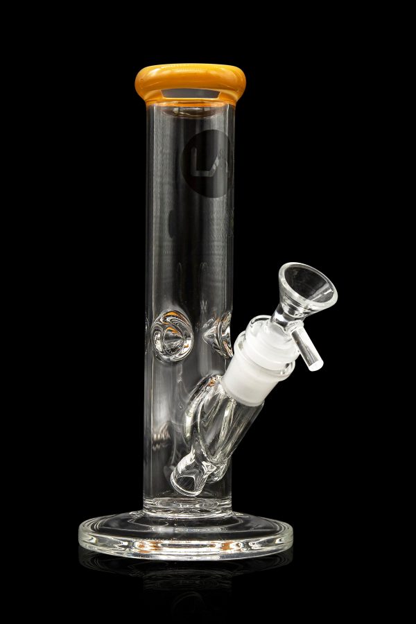 Clear glass water pipe (bong) with a diffused downstem and amber mouthpiece, isolated on a black background.