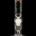 Clear glass water pipe (bong) with a wooden mouthpiece and intricate percolator chamber.