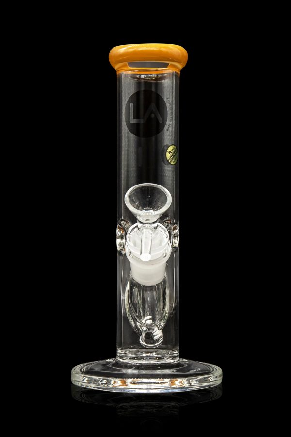 Clear glass water pipe (bong) with a wooden mouthpiece and intricate percolator chamber.