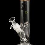 Clear glass bong with intricate design and detachable bowl.