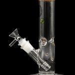 Clear glass water pipe (bong) with a removable bowl and downstem, isolated on a black background.