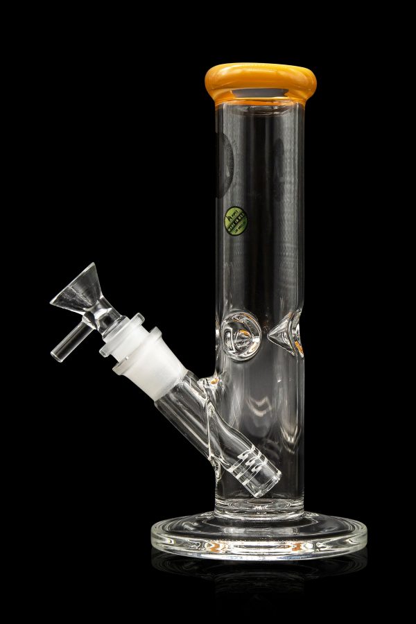 Clear glass water pipe (bong) with a removable bowl and downstem, isolated on a black background.