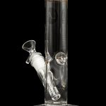 Clear glass water pipe (bong) with ice catcher and detachable downstem, isolated on black.