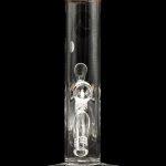 Clear glass bong with intricate bubbler and wooden mouthpiece, isolated on black.
