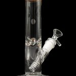 Glass water pipe (bong) with a clear body, ice pinches, and a wooden mouthpiece, isolated on a black background.