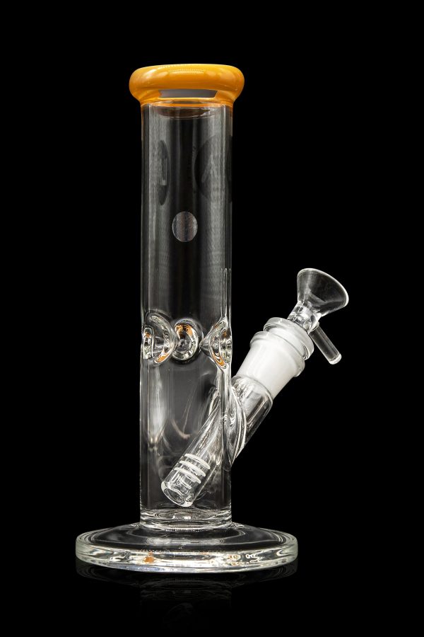 Glass water pipe (bong) with a clear body, ice pinches, and a wooden mouthpiece, isolated on a black background.