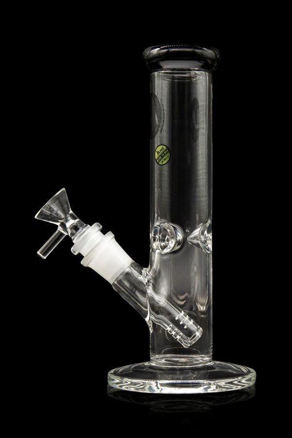 Clear glass water pipe (bong) with a glass bowl and diffused downstem, isolated on a black background.