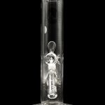 Clear glass bong with intricate percolator visible inside, studio shot on black background.
