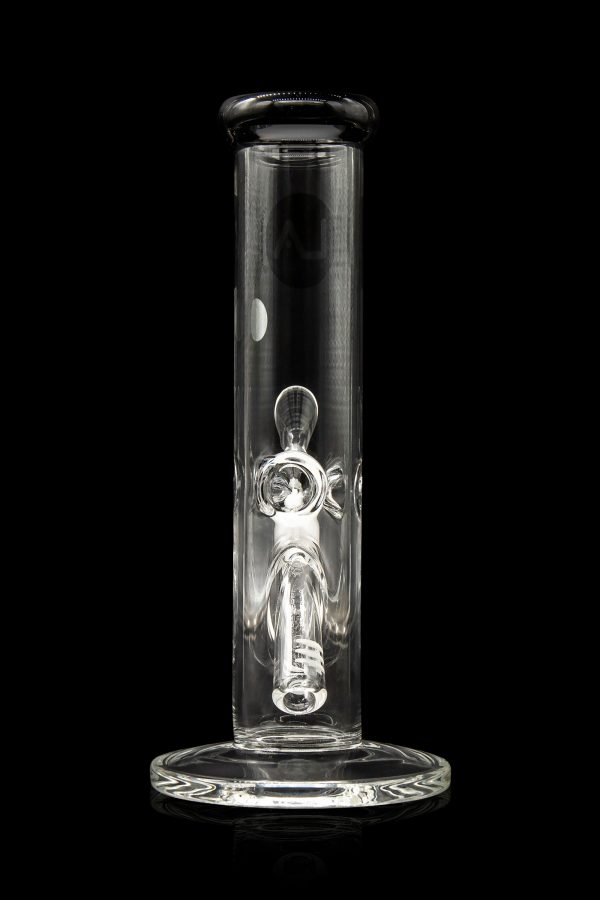 Clear glass bong with intricate percolator visible inside, studio shot on black background.