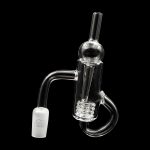 Clear glass dab rig with spherical chamber and coiled filtration.