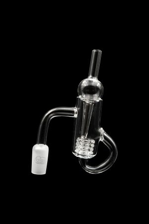Clear glass dab rig with spherical chamber and coiled filtration.