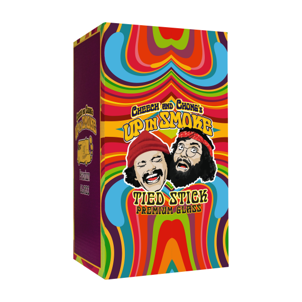 Front view of the Cheech & Chong "Tied Stick" Dab Rig Bubbler, featuring a colorful, patterned design on a glass bubbler.
