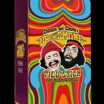 Front view of the Cheech & Chong "Tied Stick" Dab Rig Bubbler, showcasing its colorful, patterned design against a dark background.