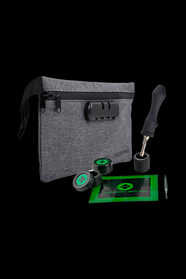 Gray cannabis accessories kit with a lockable smell-proof bag, grinder, papers, and dab tool.