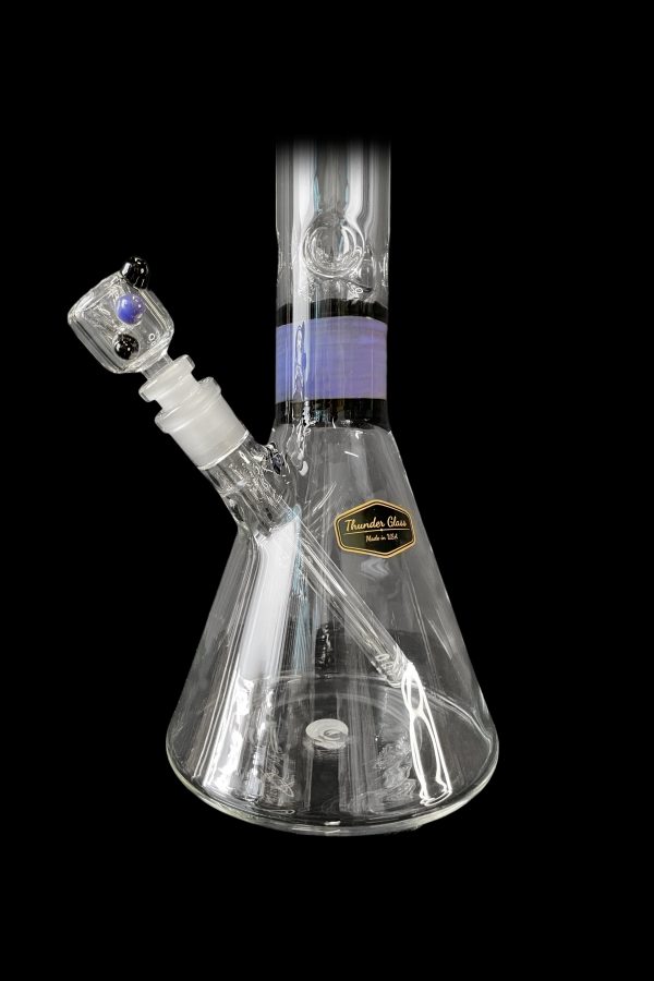 Clear glass water pipe (bong) with blue accents and a glass bowl, against a black background.