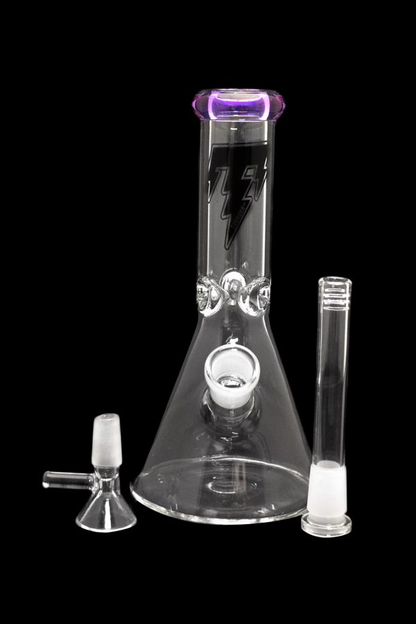 Glass bong with detachable downstem and bowl, isolated on a black background.