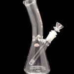 Clear glass bong with a flared base and angled neck, isolated on a black background.