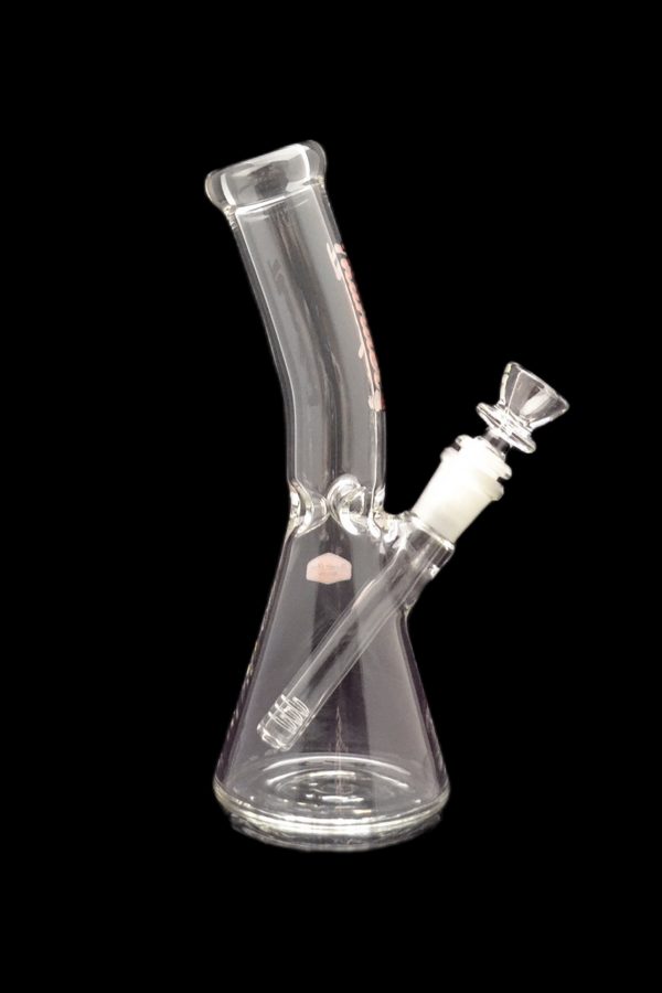 Clear glass bong with a flared base and angled neck, isolated on a black background.