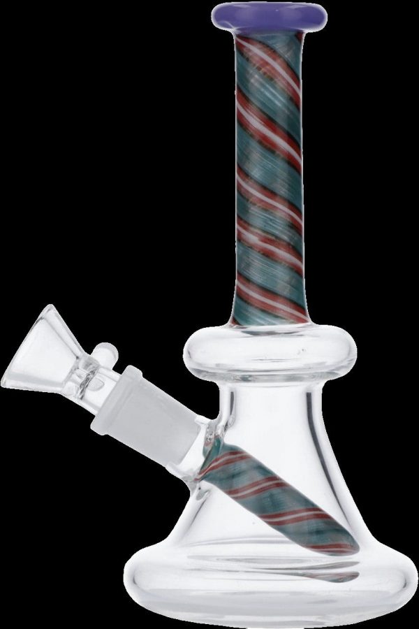 Glass water pipe with red and green striped accents.
