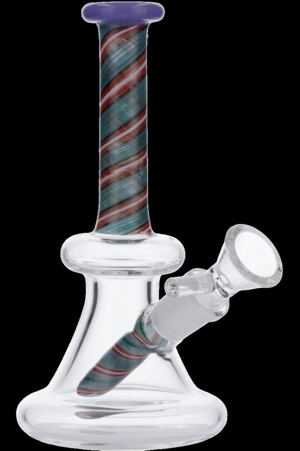A glass water pipe (bong) with a patterned red, green, and cream colored design."