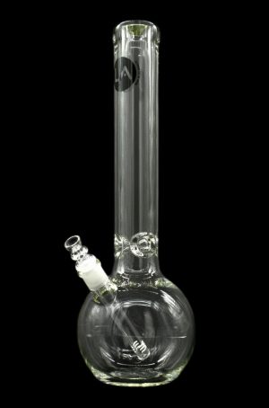 Clear glass water pipe (bong) with intricate swirling patterns and a diffused downstem, isolated on a black background.